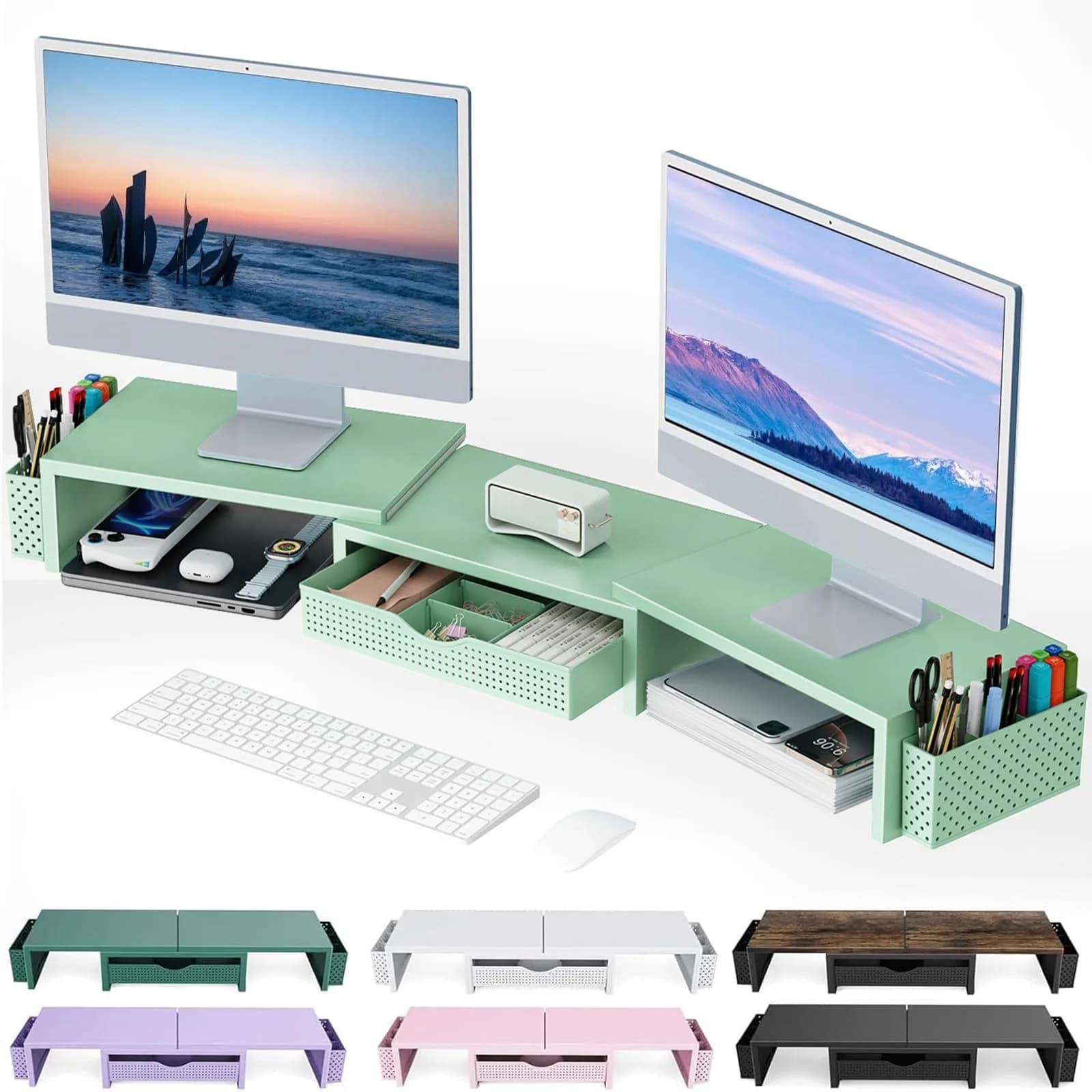 gianotter Dual Monitor Stand Riser with Drawer and Pen Holders, Black | USPTO Patented Organizer — Sage Green