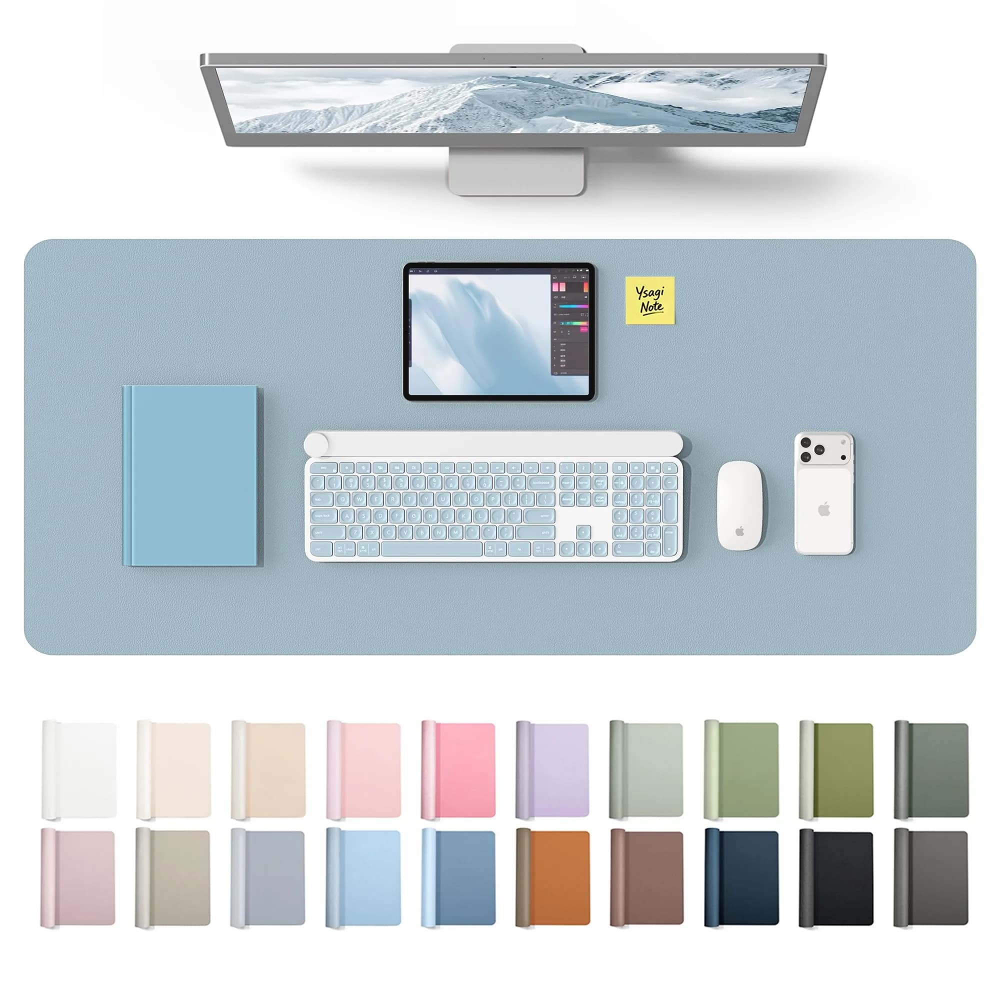 YSAGi Leather Desk Protector 42" x 17.2" (106.7cm x 43.7cm) Ice Blue | Protects Your Desk & Enhances Workspace — Ice Blue