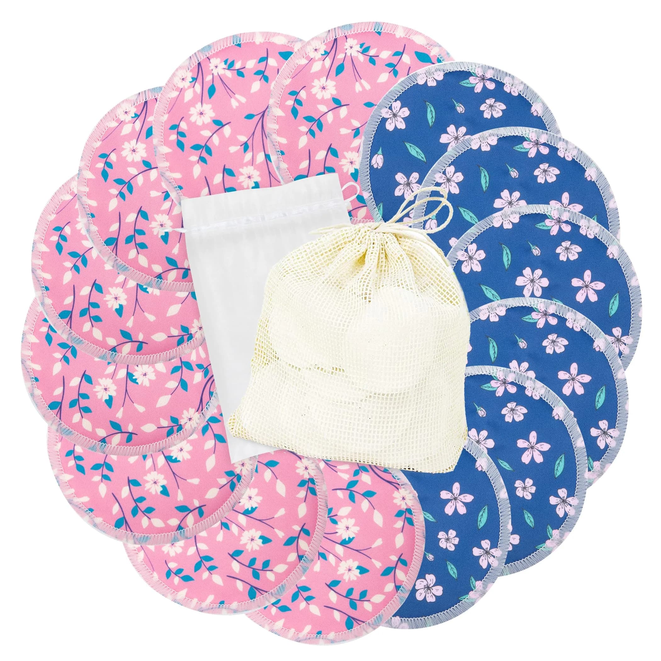 wegreeco Washable Reusable Nursing Breast Pads (14 Pack) - Large Cheetah Print | Soft & Absorbent for Leak-Free Comfort — Pink Flowers, Plain Shape / Large