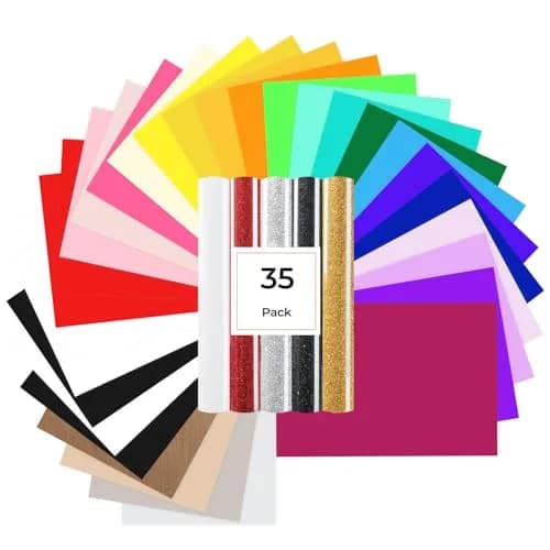 HTVRONT Heat Transfer Vinyl 35 Pack | 29 Colors + 5 Glitter Sheets, 12" x 10" | Durable & Easy Weeding thumbnail 1