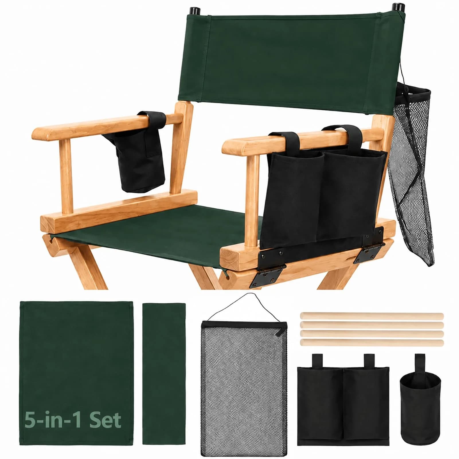 STAY GENT Director Chair Replacement Canvas Set with Storage - White | 5-in-1 Upgrade for Makeup Artist Chairs — Green