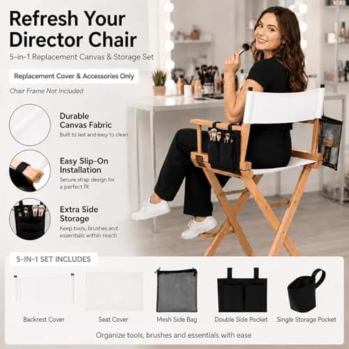 STAY GENT Director Chair Replacement Canvas Set with Storage - White | 5-in-1 Upgrade for Makeup Artist Chairs thumbnail 2