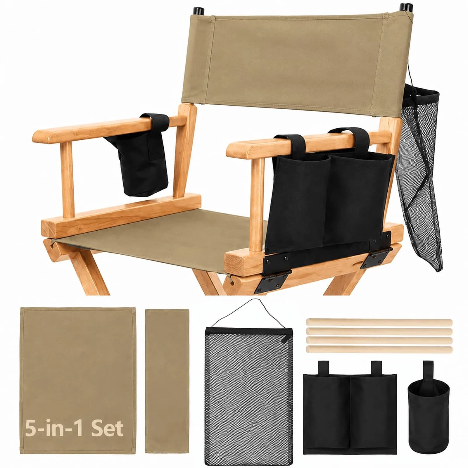 STAY GENT Director Chair Replacement Canvas Set with Storage - White | 5-in-1 Upgrade for Makeup Artist Chairs — Khaki