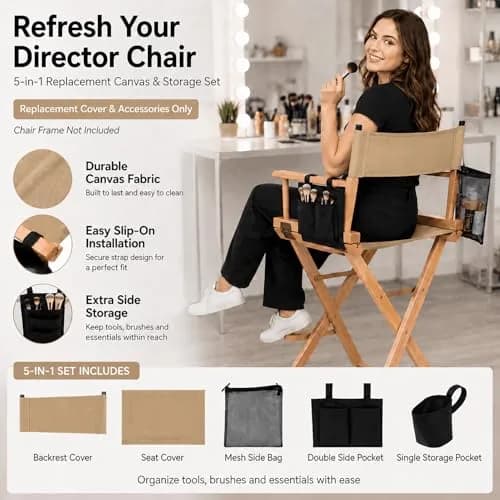 STAY GENT Director Chair Replacement Canvas Set with Storage Bags - Khaki | 5-in-1 Kit for Makeup Artist Chairs thumbnail 2