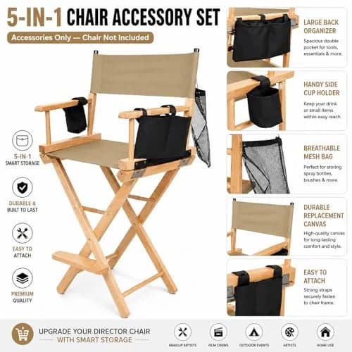 STAY GENT Director Chair Replacement Canvas Set with Storage Bags - Khaki | 5-in-1 Kit for Makeup Artist Chairs thumbnail 3