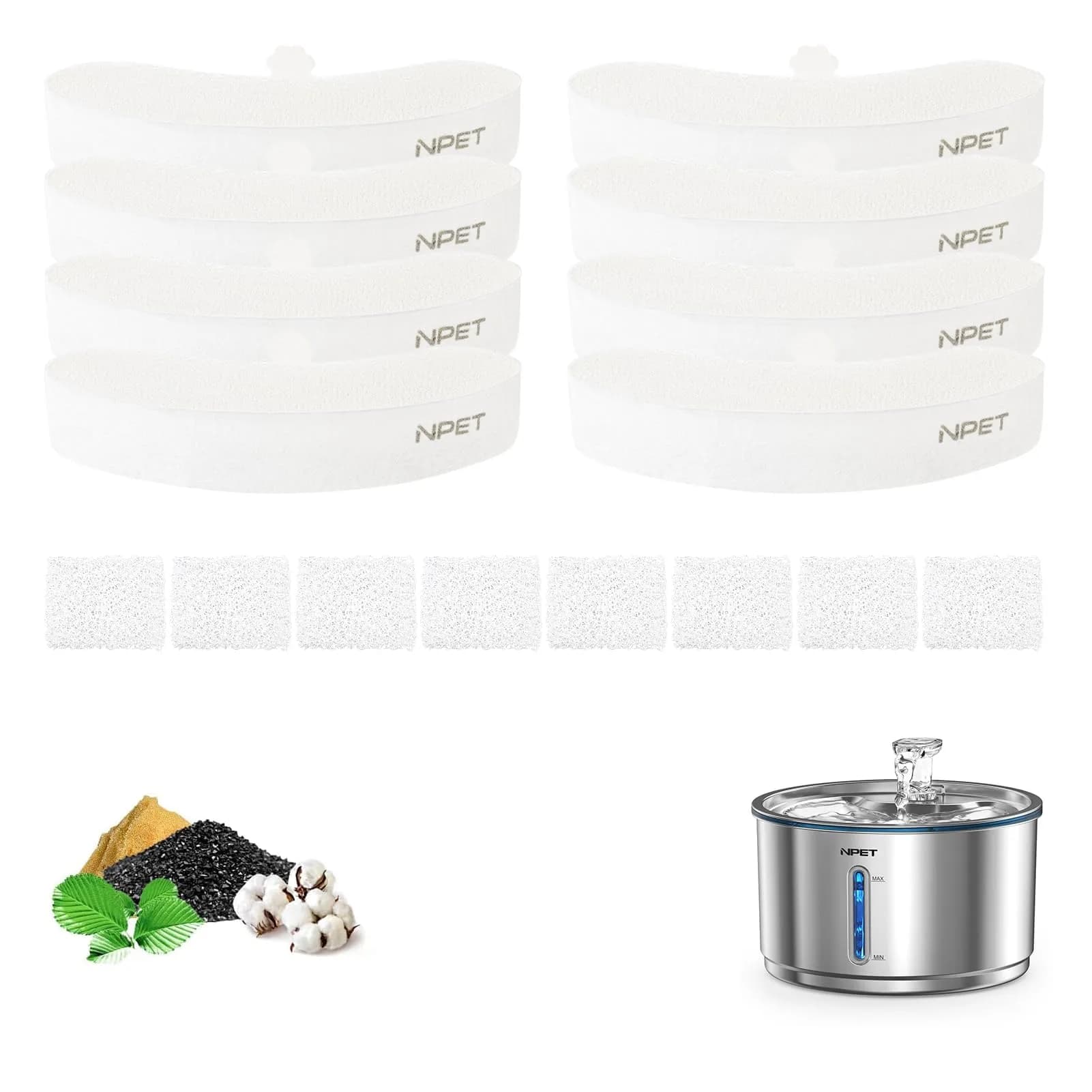 NPET Replacement Filters for WF210plus Stainless Steel Pet Water Fountain (8 Filter Packs + 8 Sponge Packs) | 5-Stage Filtration for Pet Health