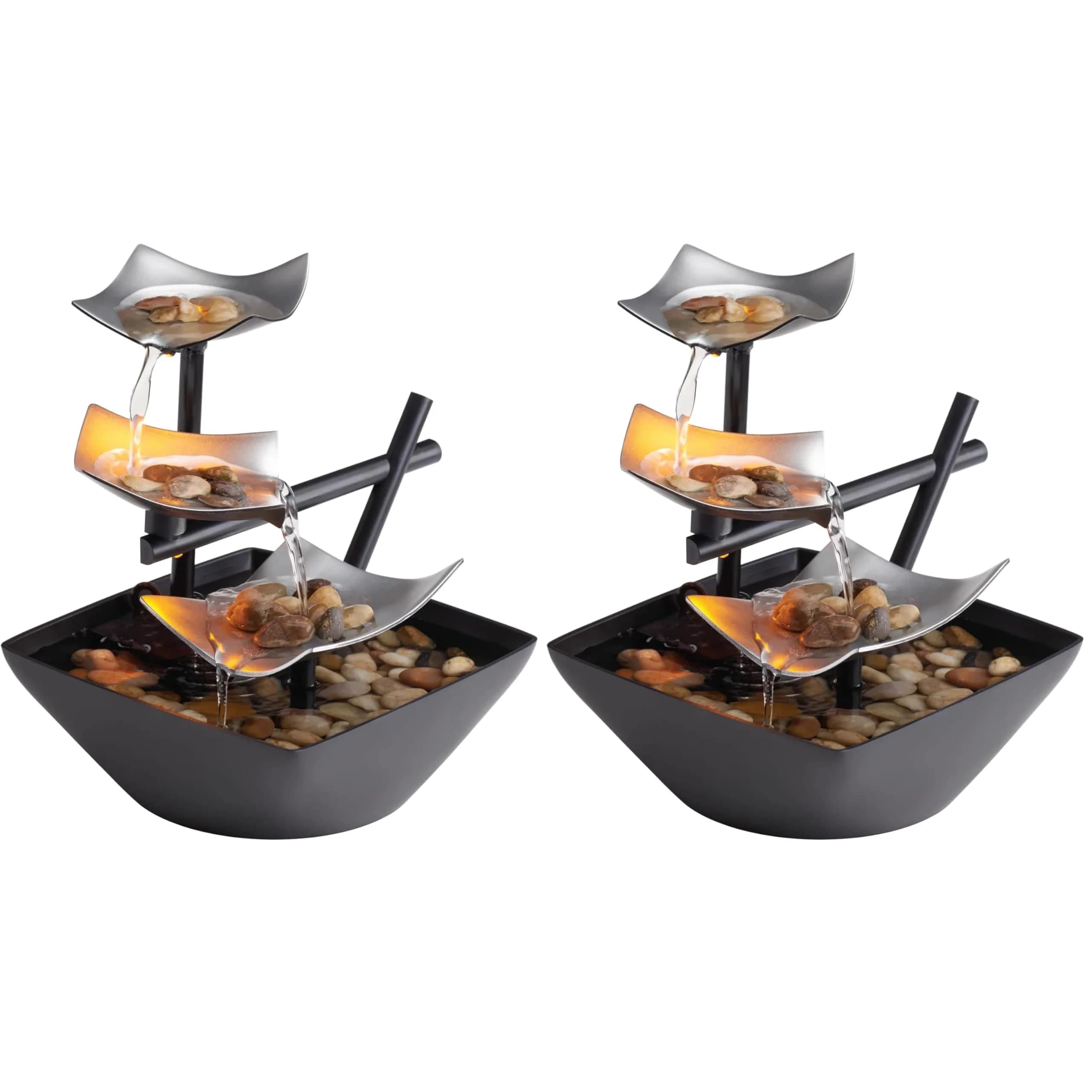 Homedics 3 Tier Tabletop Waterfall Fountain with Natural River Rocks & Quiet Pump | 24.3 cm (9.57 in) Height — Black