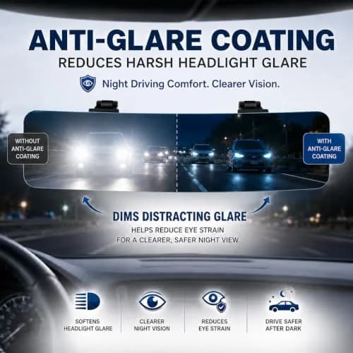 SkycropHD Anti Glare Wide Angle Car Rearview Mirror, 12'' | Frameless, Gray, Convex, Universal Fit thumbnail 4