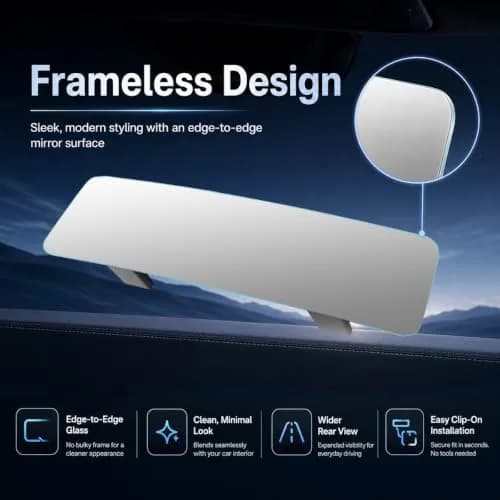 SkycropHD Anti Glare Wide Angle Car Rearview Mirror, 12'' | Frameless, Gray, Convex, Universal Fit thumbnail 2