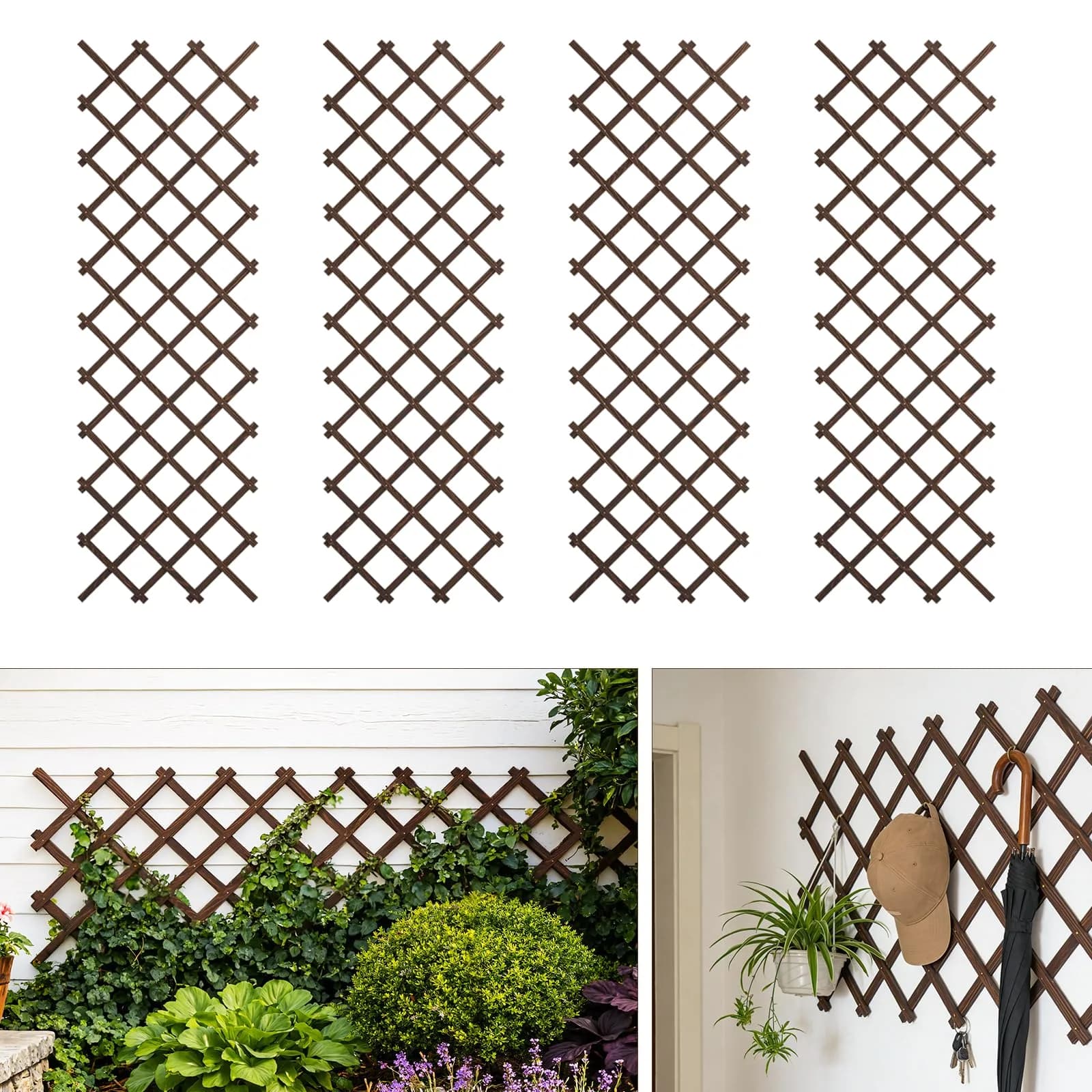 Tilinyan & one Expandable Garden Trellis 13" x 68" (4 PCS) | Climbing Plant Support Structure for Outdoor Vines — Brown-4PC / 38''x 89''
