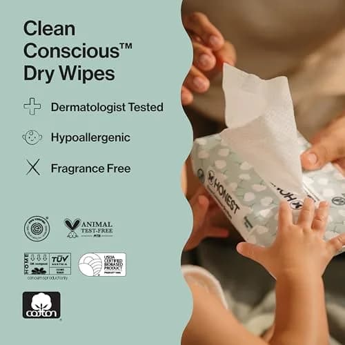 The Honest Company 100% Pure Organic Cotton Dry Wipes, Hypoallergenic, Multi-Use, Baby Facial Cloths, 576 Count (Pack of 3) thumbnail 5