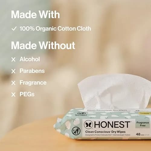 The Honest Company 100% Pure Organic Cotton Dry Wipes, Hypoallergenic, Multi-Use, Baby Facial Cloths, 576 Count (Pack of 3) thumbnail 6