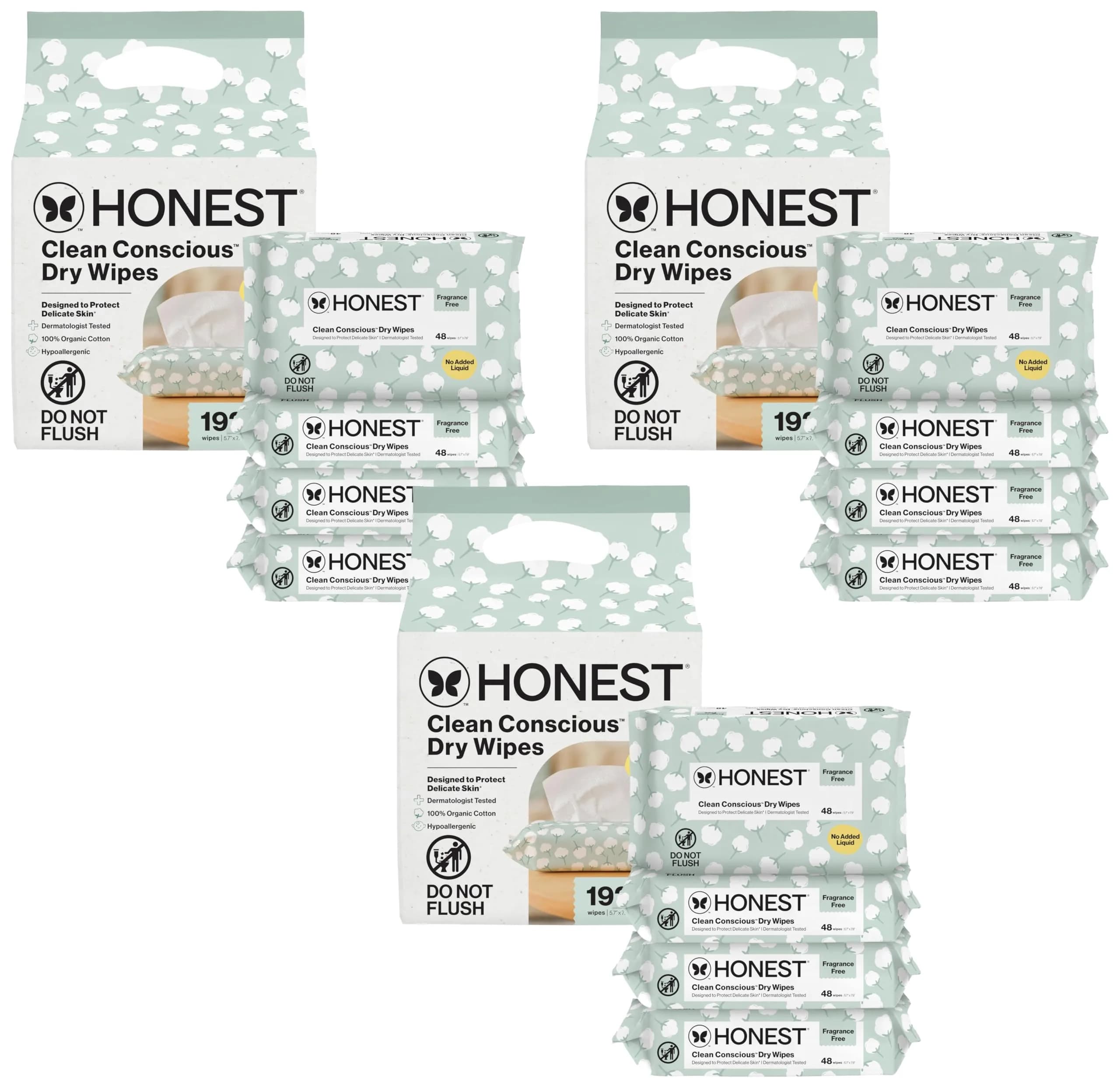The Honest Company 100% Pure Organic Cotton Dry Wipes, Hypoallergenic, Multi-Use, Baby Facial Cloths, 576 Count (Pack of 3)