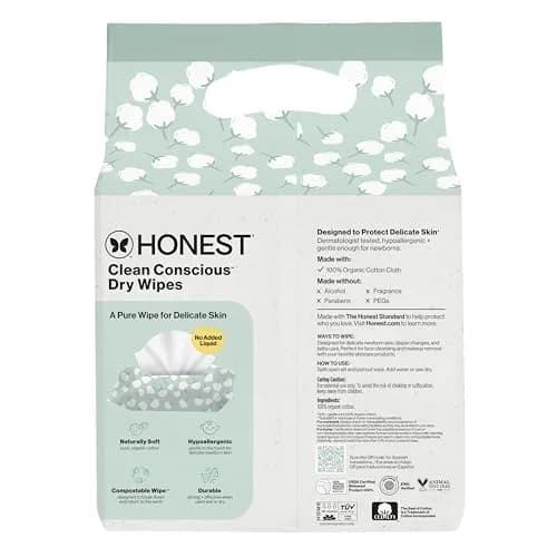 The Honest Company 100% Pure Organic Cotton Dry Wipes, Hypoallergenic, Multi-Use, Baby Facial Cloths, 576 Count (Pack of 3) thumbnail 9