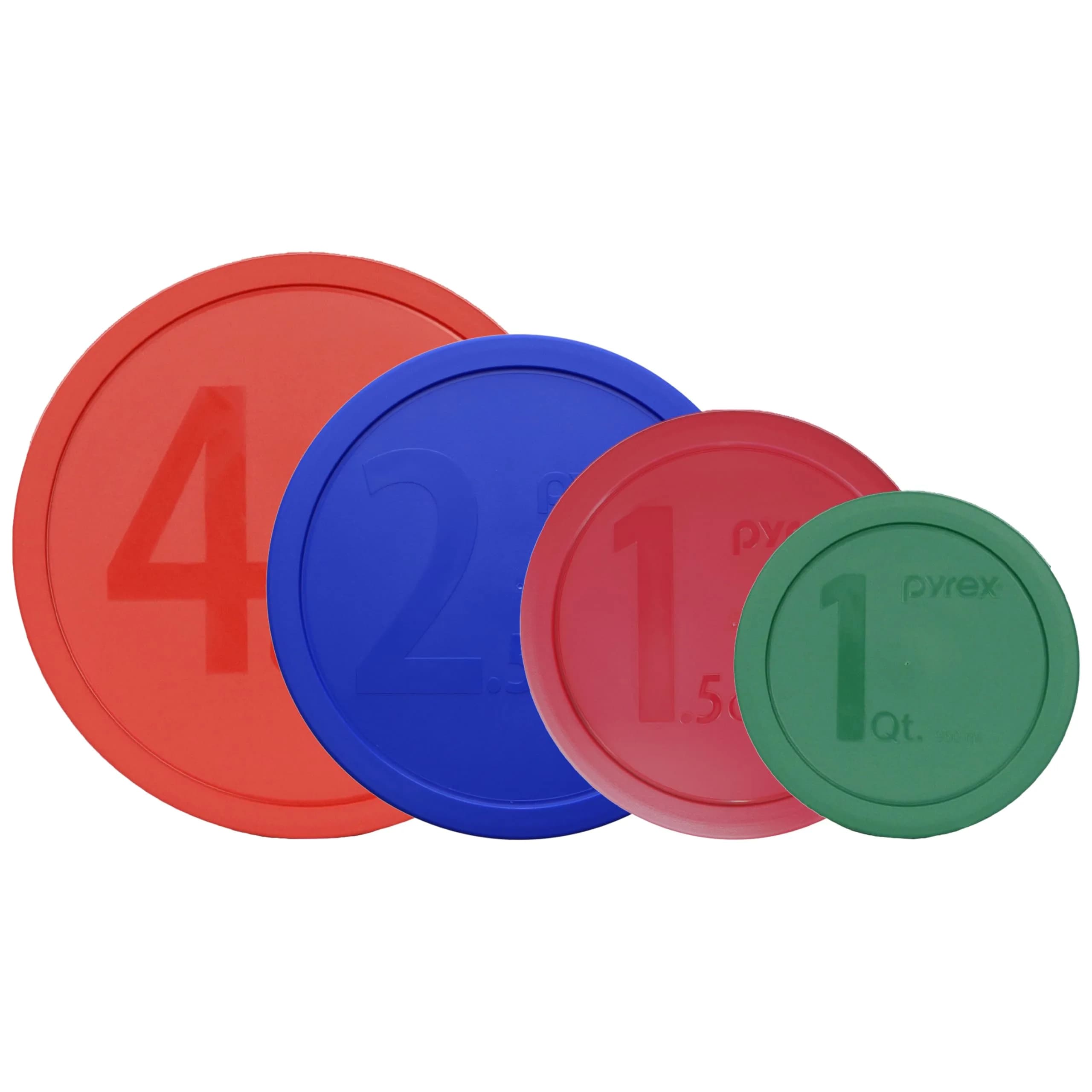 Pyrex Mixing Bowl Lid Set 1qt, 1.5qt, 2.5qt, 4qt (4-Piece Set) | BPA-Free Plastic Lids for Pyrex Bowls — Green, Sangria Red, Cadets Blue, Red