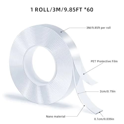 SUTOUG Double Sided Tape, Nano Tape, Transparent Adhesive Tape, Traceless Adhesive Tape, Removable, Washable, Reusable, Suitable for Carpets, Photo Walls, 3m Per Roll, 60 Rolls | Holds up to 1kg per smooth surface thumbnail 2