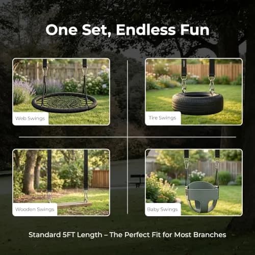 MalloMe Heavy Duty Tree Swing Straps & Hammock Straps for Trees – 2200 LB Capacity, 5FT Black D-Ring Style with Swivel & Carabiners | Multi-Purpose Hanging Kit thumbnail 8