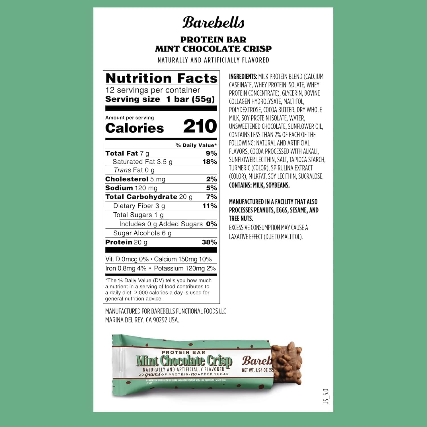 Barebells Mint Chocolate Crisp Protein Bar 20g Protein 55g (Pack of 24) thumbnail 2