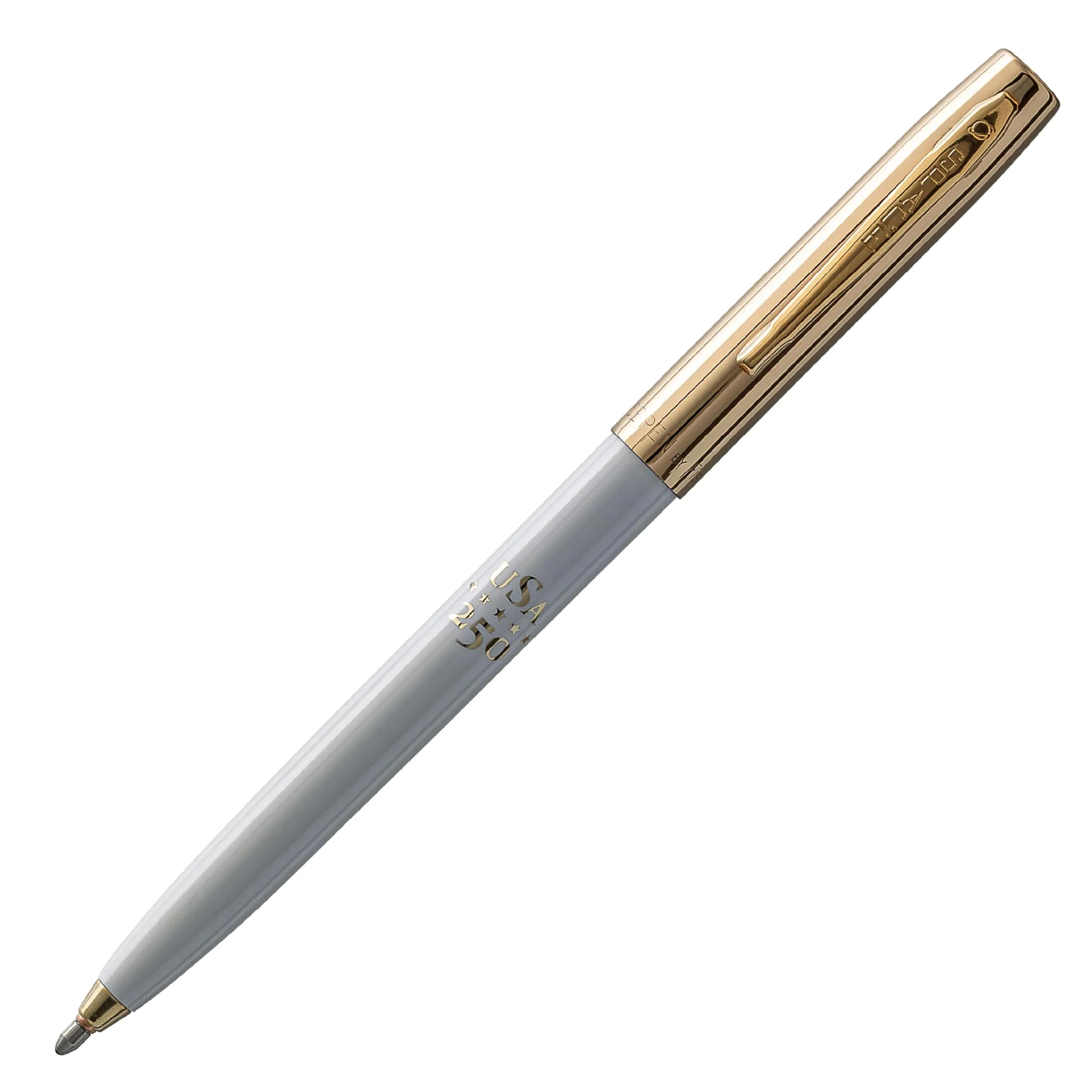 Fisher Space Pen Cap-O-Matic Blue Barrel / Chrome Cap Space Shuttle Imprint - Writes Upside Down — White Barrel / Gold Cap