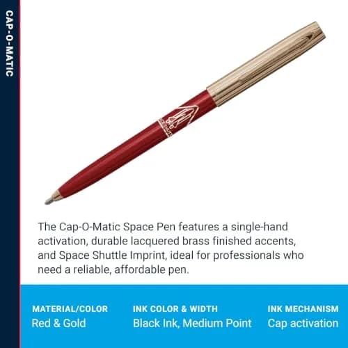 Fisher Cap-O-Matic Red Barrel / Gold Cap Space Shuttle Imprint Pen - Writes Upside Down thumbnail 3