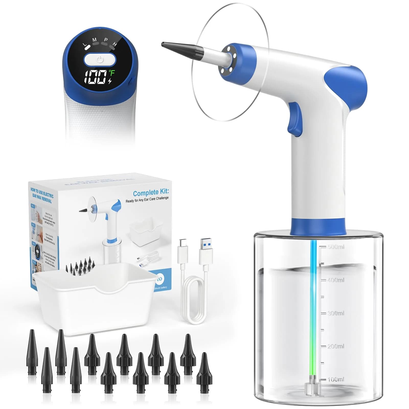 Featjoy Electric Ear Wax Removal Kit with 12 Modes & Real-Time Temp Display | 500ml Water Tank — White and Dark Blue
