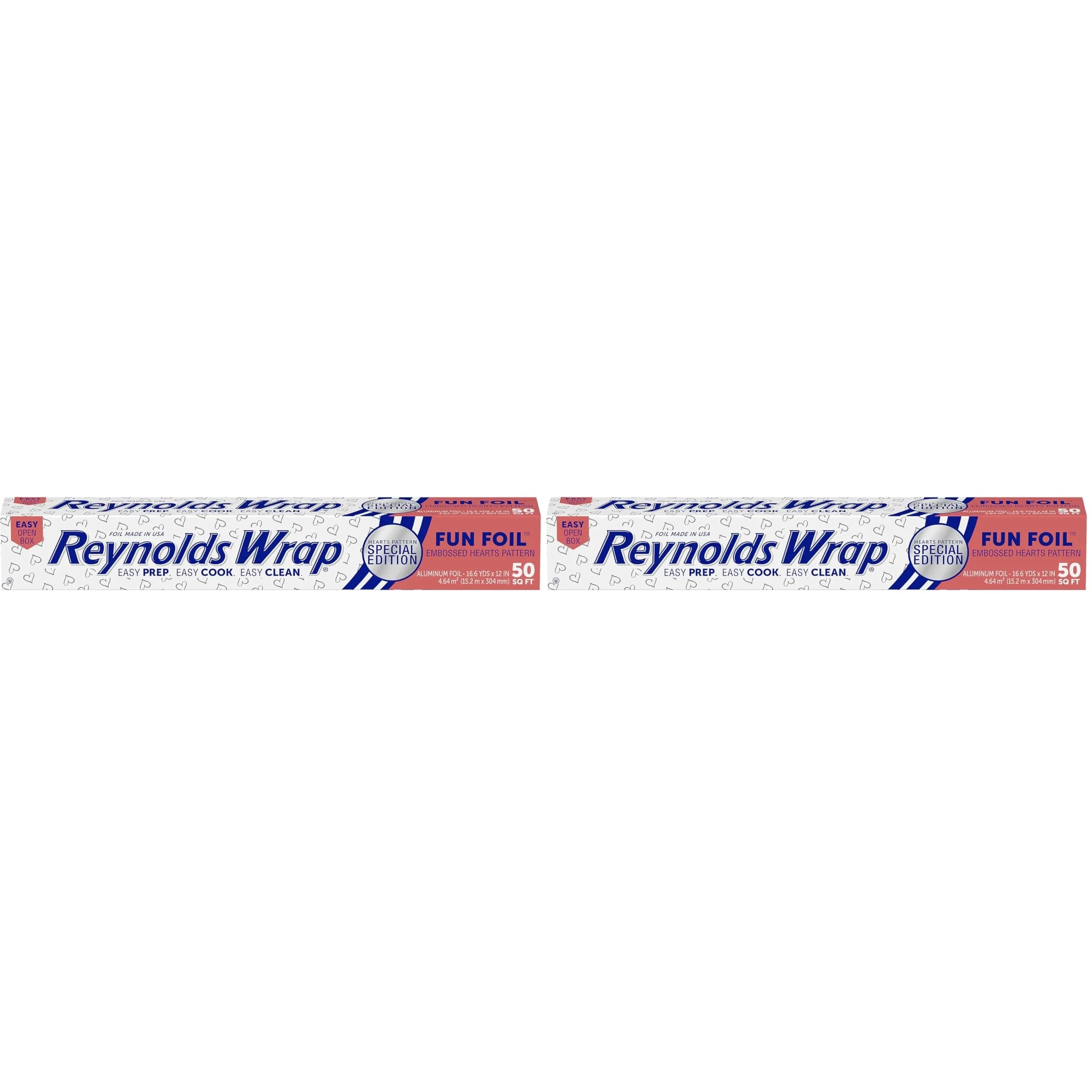Reynolds Wrap Fun Foil Heart Patterned Aluminum Foil Roll 16.6 Yards x 12 Inches (50 Sq. Ft. Total, Pack of 2) | Embossed Hearts for Gifting & Food Prep