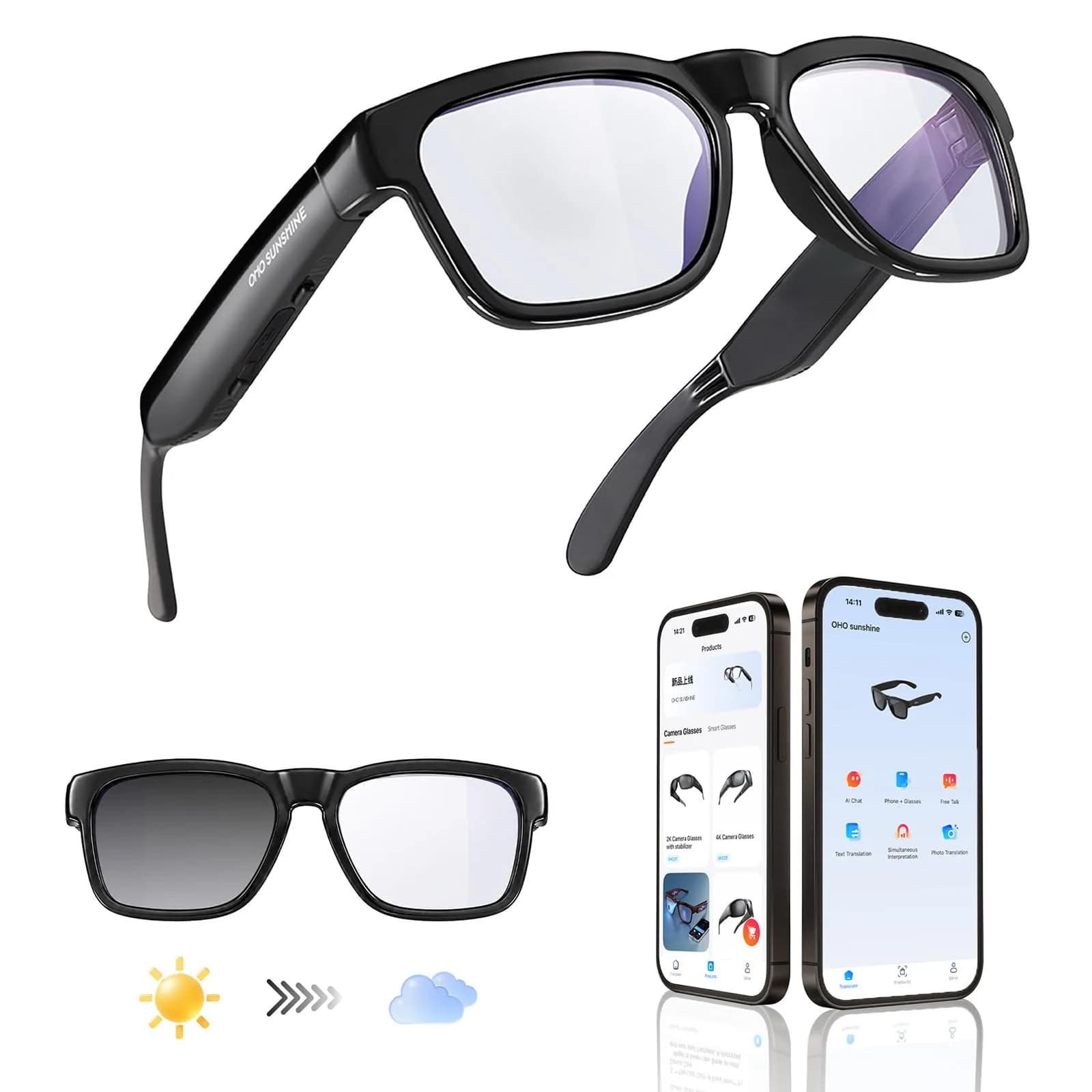 OhO sunshine Smart Glasses Photochromic Bluetooth Sunglasses | AI Real-Time Translation & Open-Ear Audio (36g, Shiny Black) - main product image