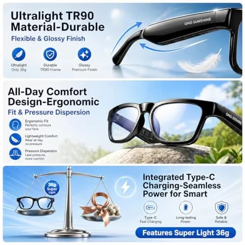 OhO sunshine Smart Glasses Photochromic Bluetooth Sunglasses | AI Real-Time Translation & Open-Ear Audio (36g, Shiny Black) thumbnail 8