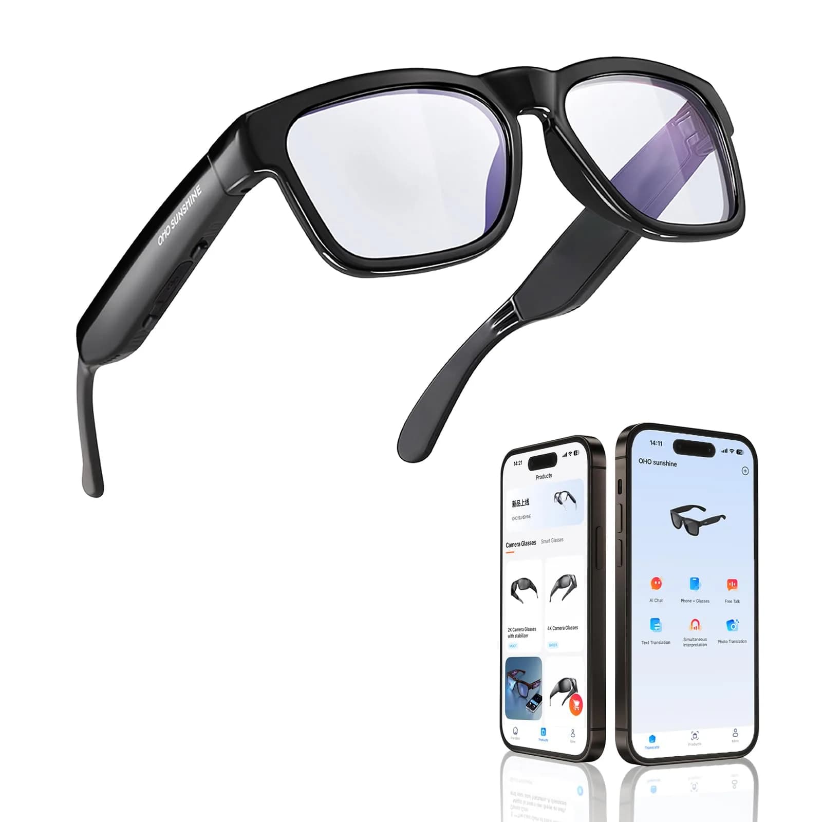 OHO AI Smart Glasses with Blue Light Blocking Lens & Open Ear Bluetooth Audio, Unisex Standard Size | AI Translation & Hands-Free Calls - main product image