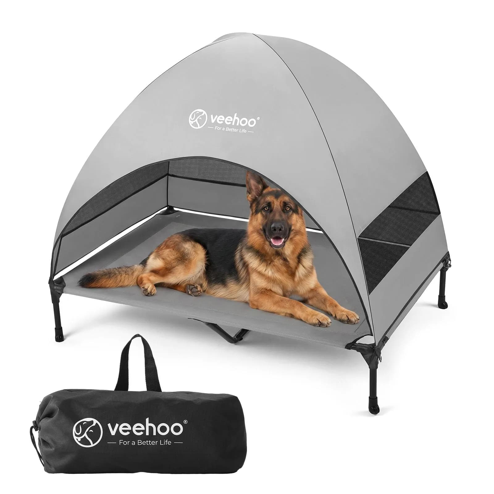 Veehoo Elevated Dog Bed with Canopy, Cooling Outdoor Pet Cot 124cm x 84cm x 108cm | Heavy Duty 68kg Capacity — Grey / 49.0"L x 33.0"W x 43.5"Th
