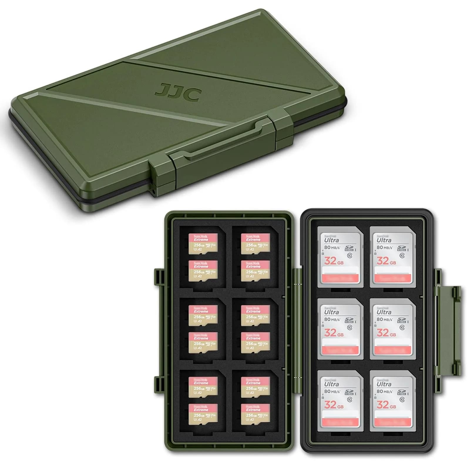 JJC Olive Green 36-Slot Memory Card Case | Water-Resistant & Anti-Shock for 12 SD + 24 Micro SD Cards