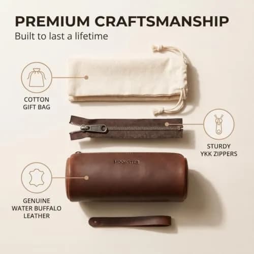 moonster Full-Grain Buffalo Leather Pen Case, 8x4 Inch | Handmade Vintage Pencil Pouch with Zipper & Compartments thumbnail 2