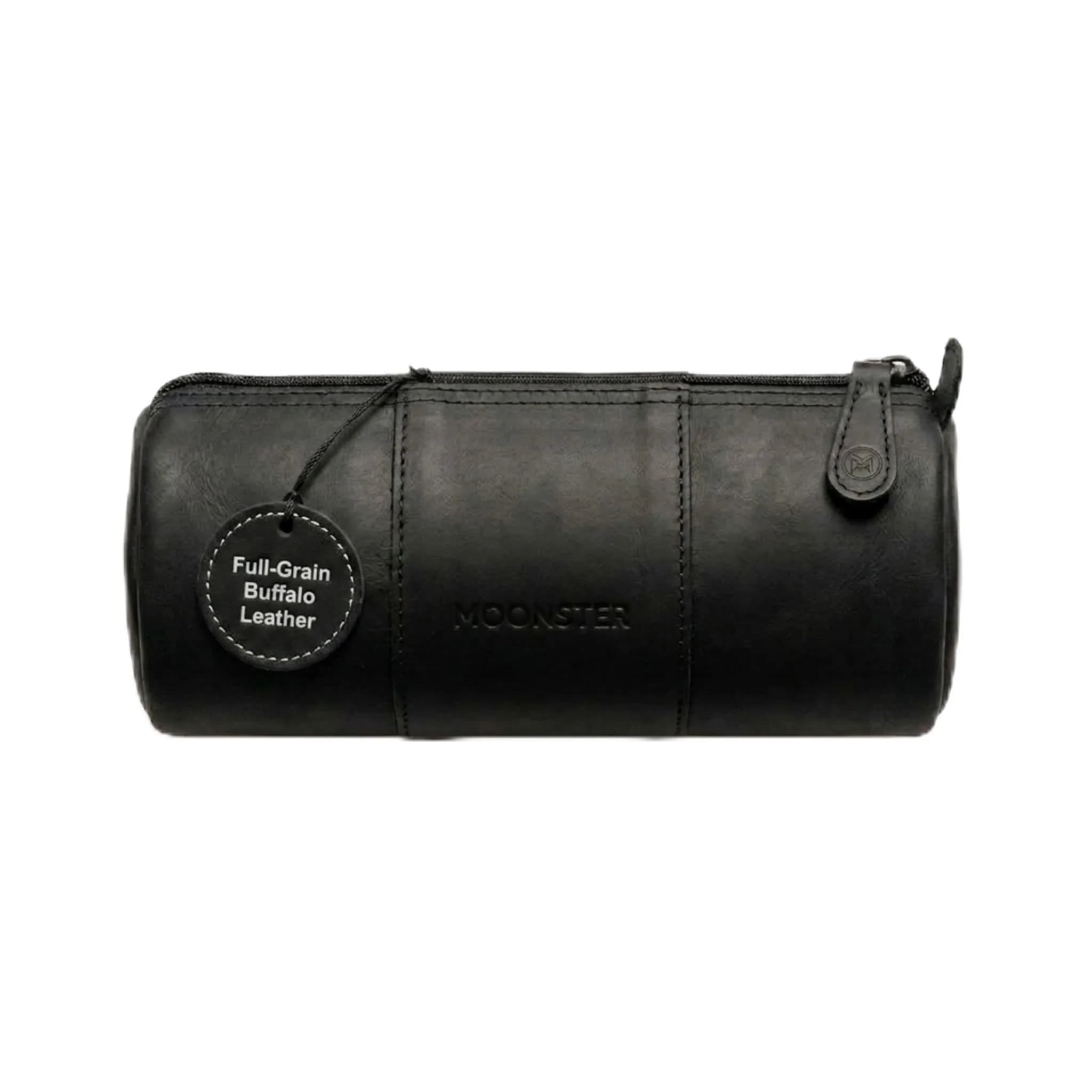 moonster Full-Grain Buffalo Leather Pen Case, 8x4 Inch | Handmade Small Leather Pouch for Pens & Stationery — Black - Round