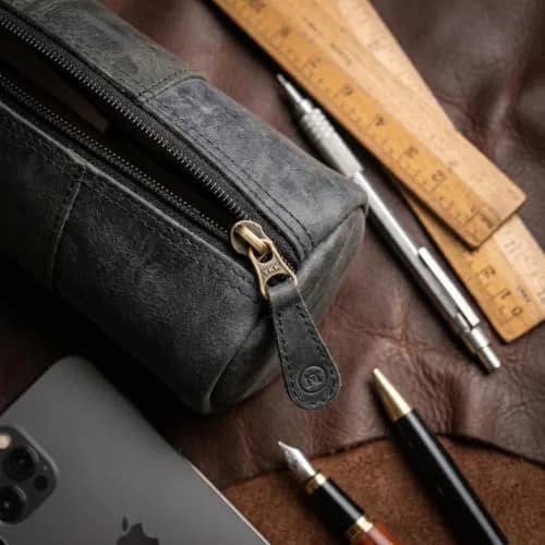 moonster Full-Grain Buffalo Leather Pen Case 20cm (8 inch) | Handmade Rustic Zipper Pouch with Linen Interior & Ruler thumbnail 5