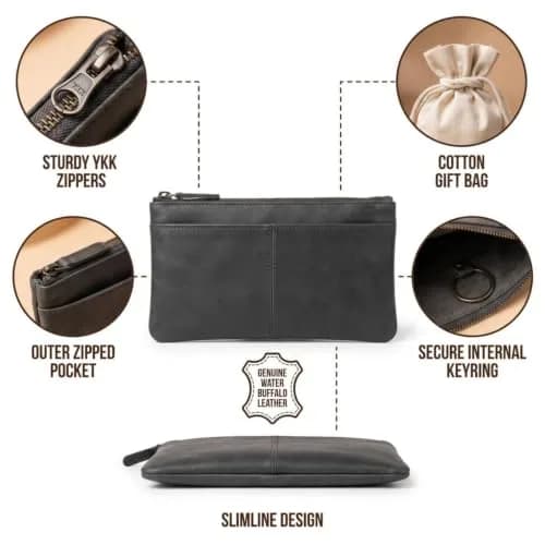 moonster Full-Grain Buffalo Leather Pen Case 20cm (8 inch) | Handmade Rustic Zipper Pouch with Linen Interior & Ruler thumbnail 3