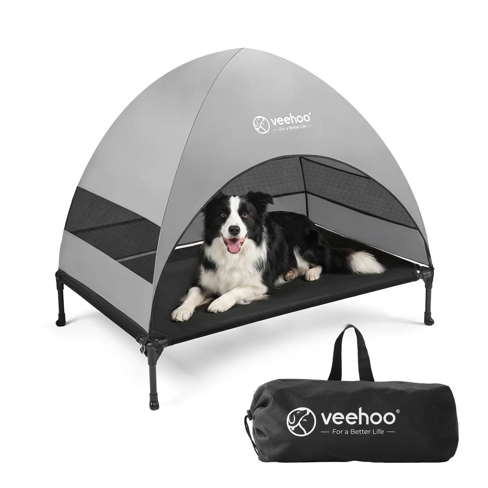 Veehoo Elevated Dog Bed with Canopy, Cooling Outdoor Pet Cot 124cm x 84cm x 108cm | Heavy Duty 68kg Capacity — Black