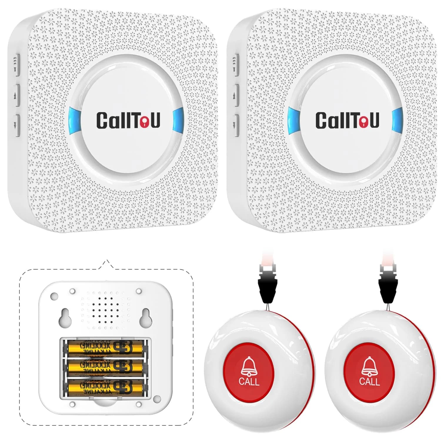 CallToU Wireless Caregiver Pager 2 Call Buttons + 2 Receivers | 500 ft Range, IP55 Water-Resistant