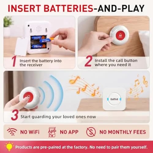 CallToU Wireless Caregiver Pager 2 Call Buttons + 2 Receivers | 500 ft Range, IP55 Water-Resistant thumbnail 9