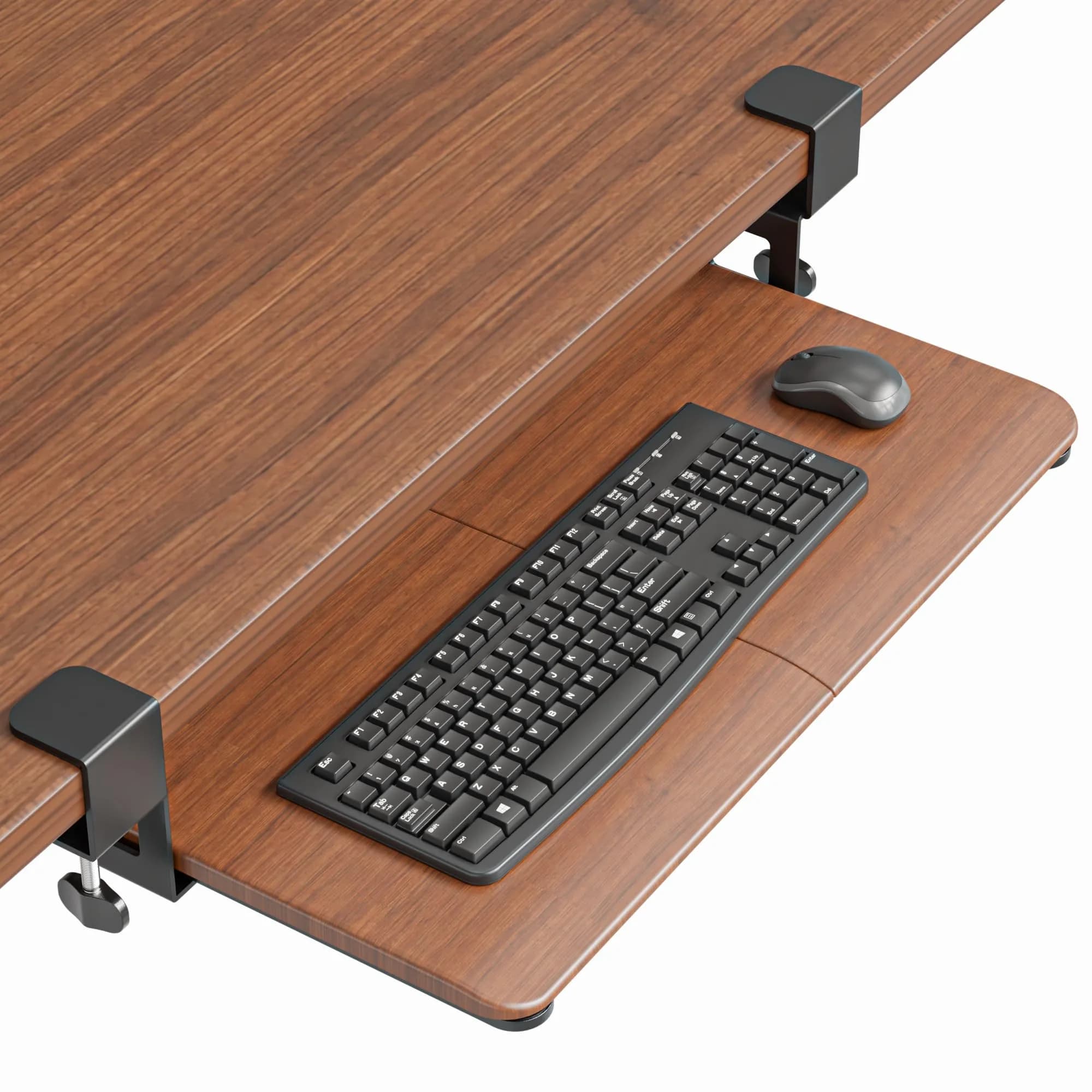BONTEC Under Desk Keyboard Tray, Pull-Out Keyboard & Mouse Platform with C-Clamp Mount, Walnut (25.6 x 11.8 inch)