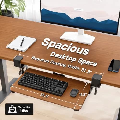 BONTEC Under Desk Keyboard Tray, Pull-Out Keyboard & Mouse Platform with C-Clamp Mount, Walnut (25.6 x 11.8 inch) thumbnail 3