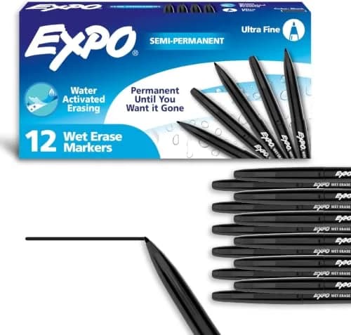 EXPO Wet Erase Markers, Black, Ultra Fine Tip, 12 Count (Pack of 12) | Water-Activated Erasable for Glass & Whiteboards thumbnail 1