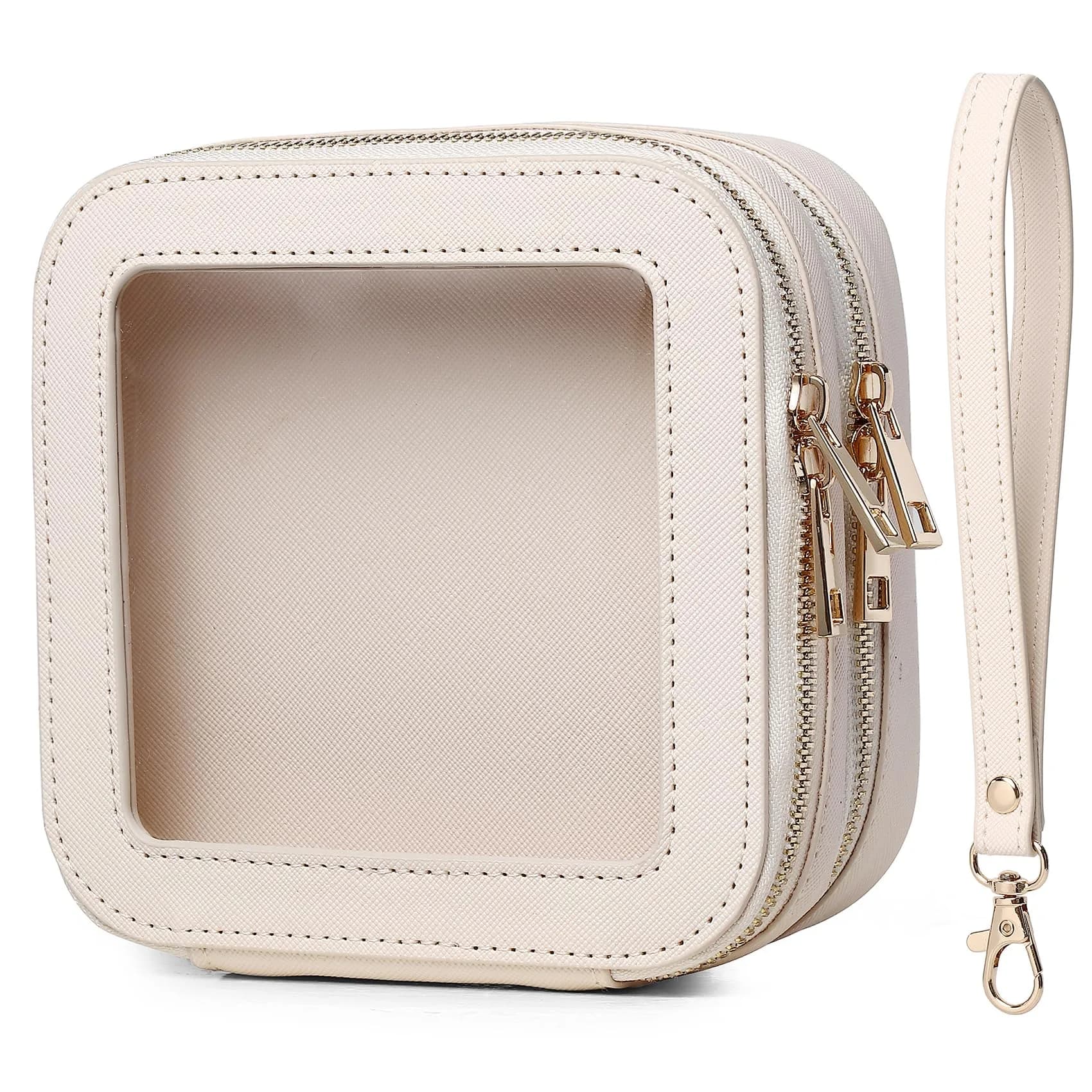 Pinkmik Double Layer Makeup Bag MINI Beige 13.5cm (5.3") x 13.5cm (5.3") x 7cm (2.75") | TSA Approved Travel Organizer