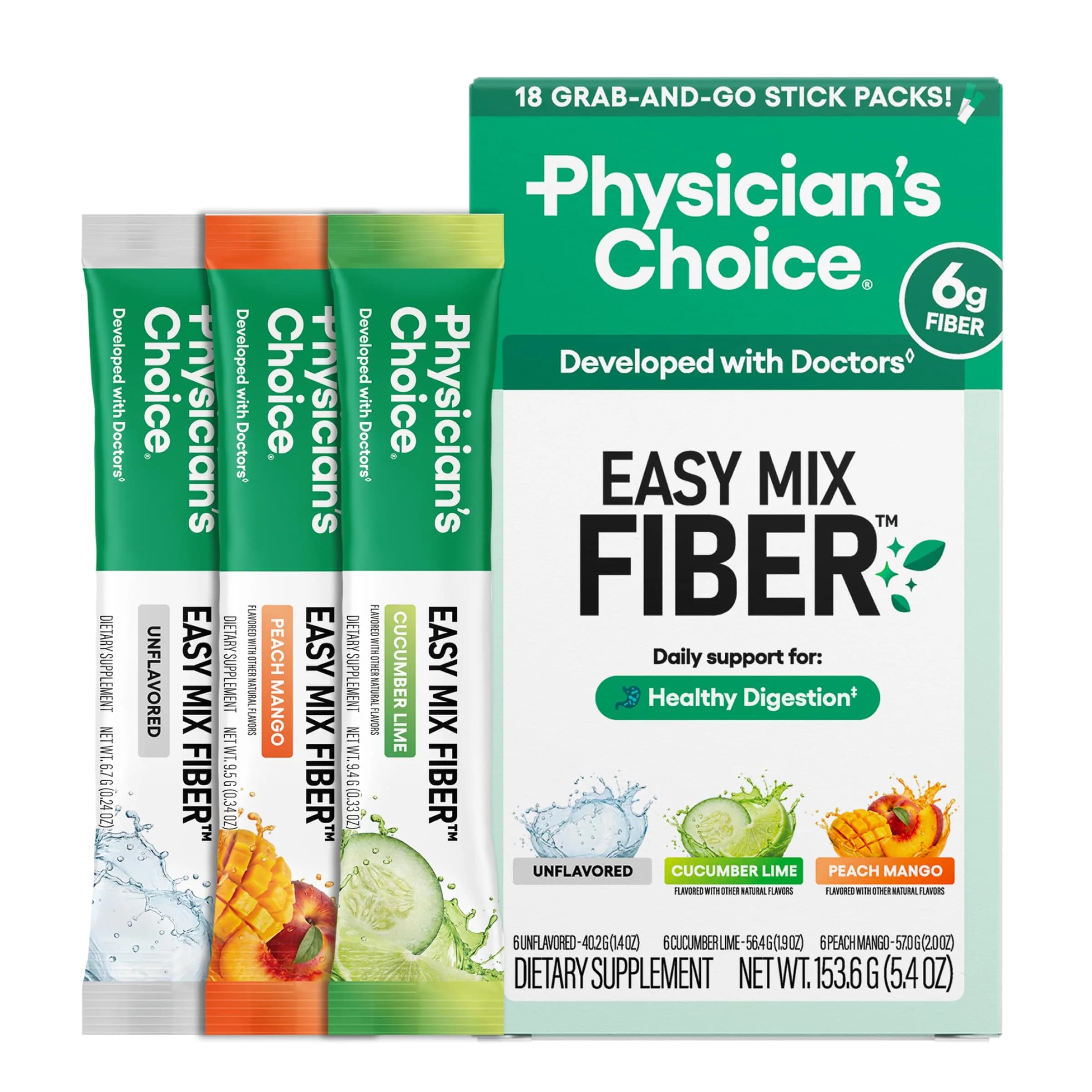 Physician's CHOICE Easy Mix Fiber Stick Packs Variety Pack 5.4oz (153g) | Daily Prebiotic Fiber for Digestive Health