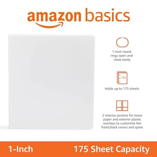 Amazon Basics 3-Ring Binder with Round Rings and Interior Pockets, 1-Inch, White, 8-Pack | Organizes 175 Sheets thumbnail 2