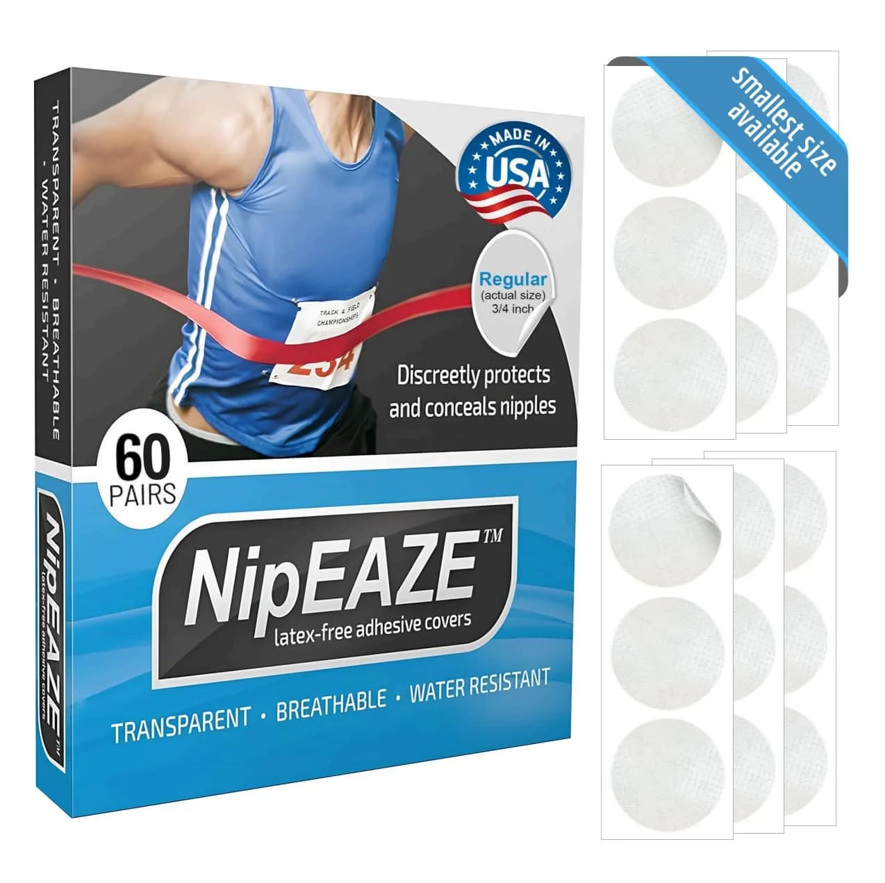 NipEaze Original Sports Nipple Covers - Patented & Proven Chafing Prevention - Regular Size (60 Pairs) | 0.75 Inch Diameter