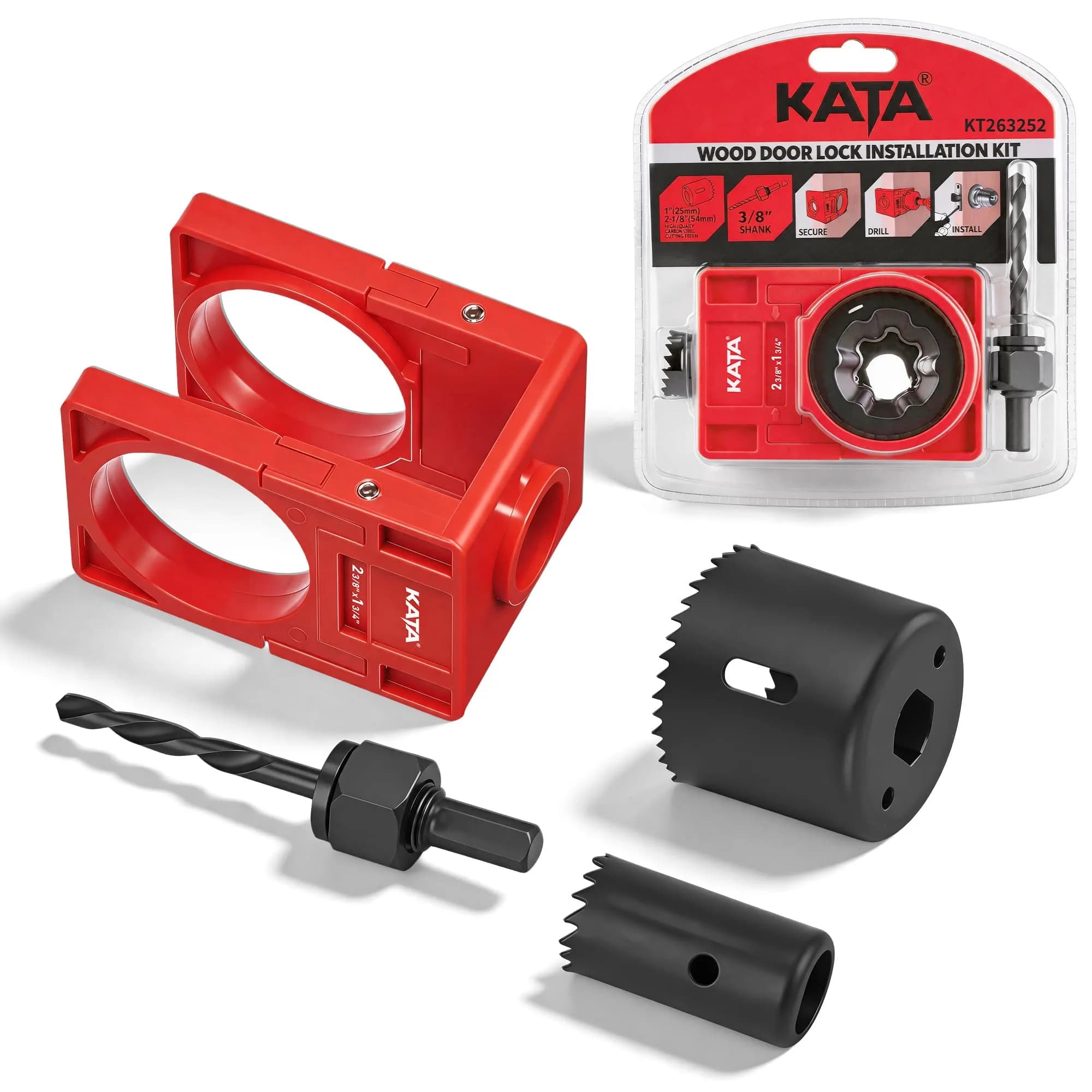 KATA Door Lock Installation Kit for Wood Doors 1.38-1.75 inch Thick | Includes Guide Template, Hole Saws, and Arbor — Cherry Red