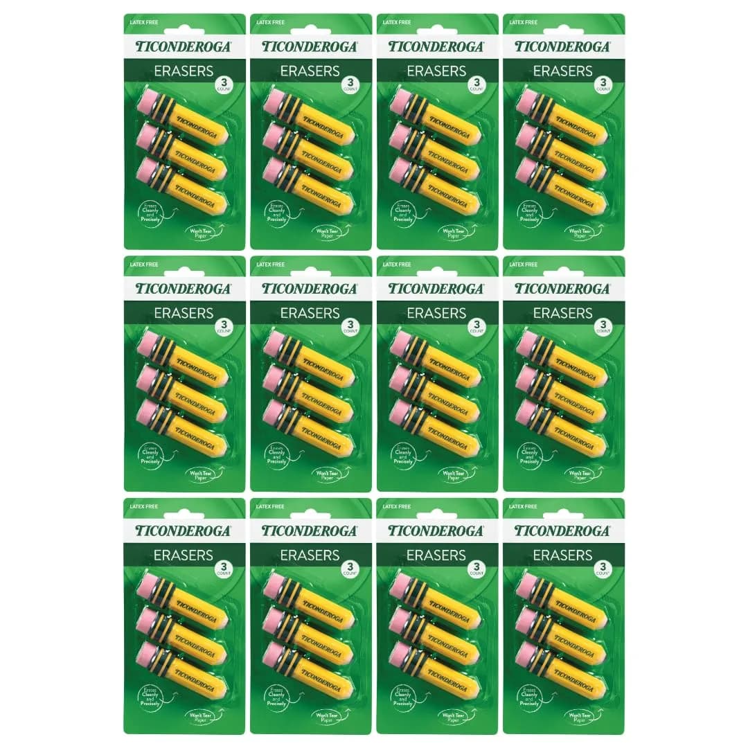 Ticonderoga Pencil Shaped Erasers, 36 Total Erasers (12 Packs of 3) | Smudge Resistant