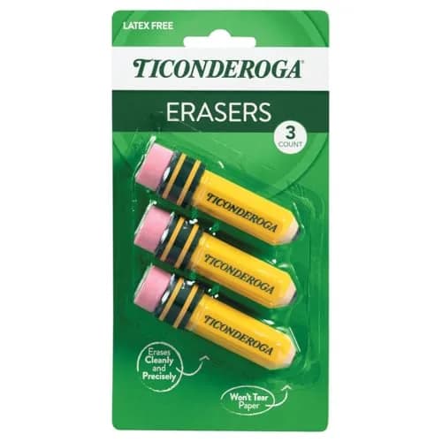 Ticonderoga Pencil Shaped Erasers, 36 Total Erasers (12 Packs of 3) | Smudge Resistant thumbnail 2