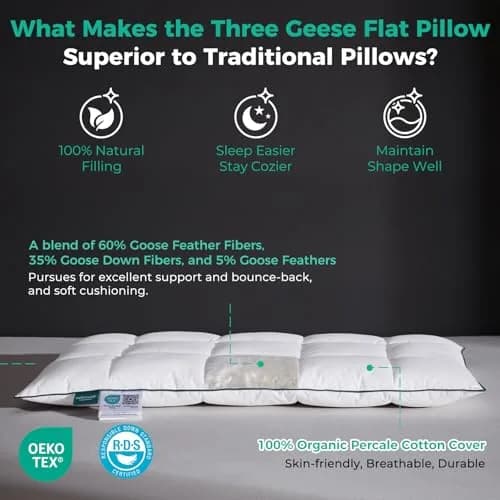 Three Geese Ultra Thin Flat Goose Down Feather Pillow Set of 2 | 2.5" Height, 100% Cotton Cover, Ergonomic Support for Sleep & Travel thumbnail 4