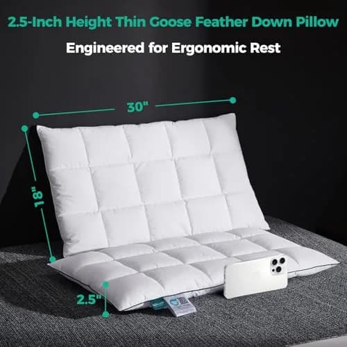 Three Geese Ultra Thin Flat Goose Down Feather Pillow Set of 2 | 2.5" Height, 100% Cotton Cover, Ergonomic Support for Sleep & Travel thumbnail 5
